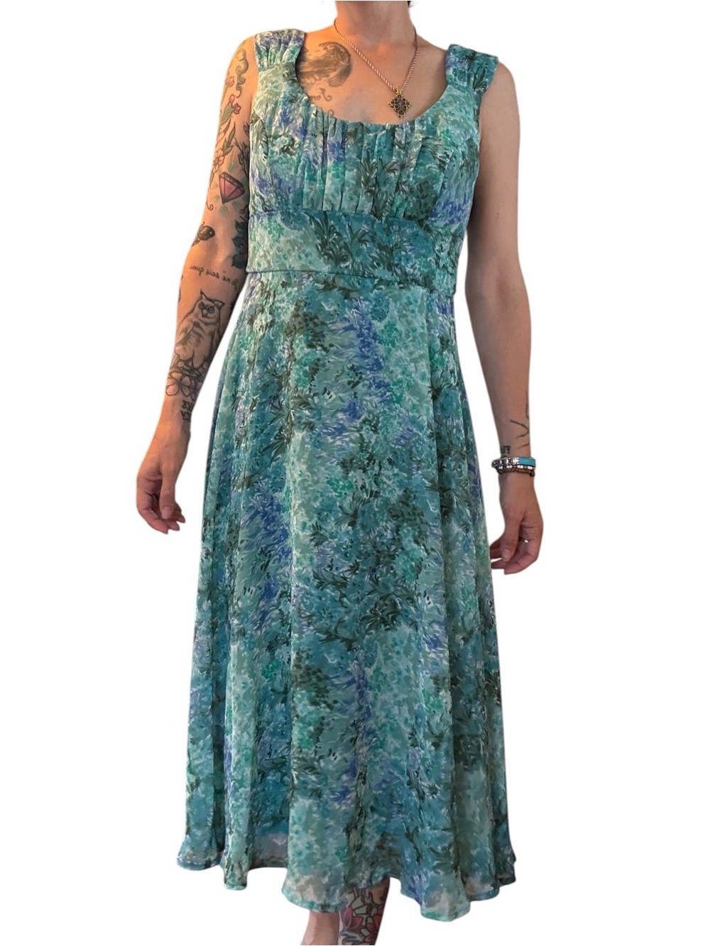 Y2K VTG dressbarn Green Teal Floral Sleeveless Midi Dress